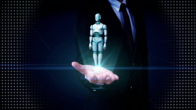 Geschäftsmann-offene-Hand,-rotierende-Transparenz-3D-Roboter-Körper.