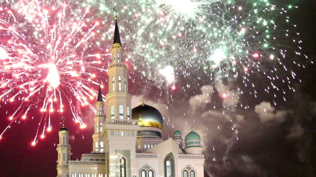 Moscow-Cathedral-Mosque-and-fireworks,-Russia----the-main-mosque-in-Moscow,-new-landmark