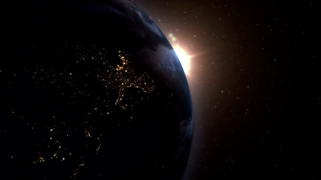 Sonnenaufgang-über-der-Erde-vom-Weltraum-aus-gesehen.-Mit-Sternen-Hintergrund.