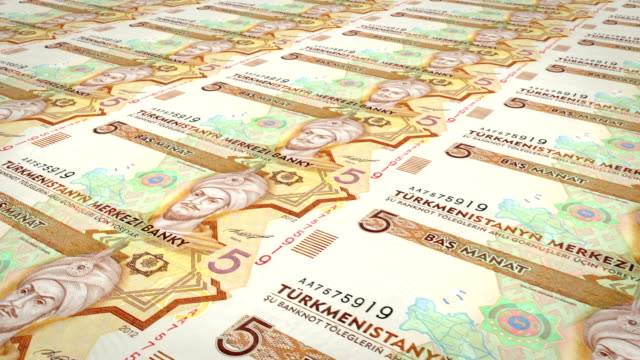 Billetes-de-cinco-Turkmenistán-manat-de-Turkmenistán,-dinero-en-efectivo,-lazo