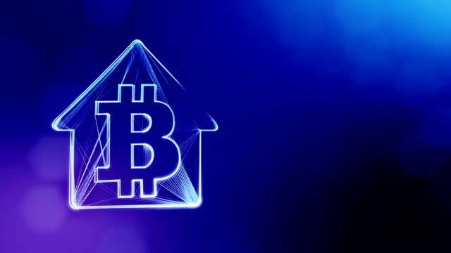 Zeichen-der-Logo-Bitcoin-in-das-Emblem-des-Hauses.-Finanzieller-Hintergrund-aus-Glühen-Teilchen-als-Vitrtual-Hologramm.-Glänzende-Schleife-3D-Animation-mit-Tiefe-Feld,-Bokeh-und-Kopie.-Blauer-Hintergrund-1