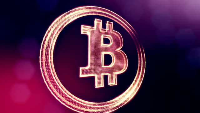 Bitcoin-Logo-auf-einer-Münze-von-Partikeln.-Finanzieller-Hintergrund-aus-Glühen-Teilchen-als-Vitrtual-Hologramm.-Glänzende-Schleife-3D-Animation-mit-Tiefe-Feld,-Bokeh-und-Kopie.-Violettem-Hintergrund-1.