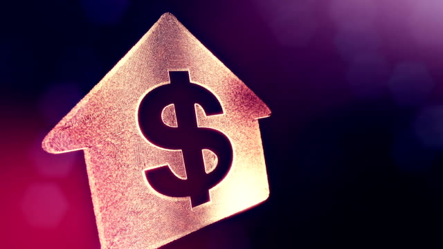 dollar-sign-in-emblem-of-a-house.-Finance-background-of-luminous-particles.-3D-loop-animation-with-depth-of-field,-bokeh-and-copy-space-for-your-text.-Violet-color-v2.