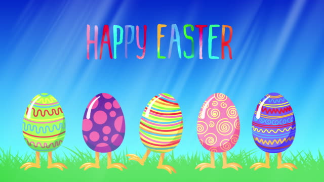 Cartoon-verrückt-springen-Eiern-auf-einer-grünen-Wiese.-Happy-Easter-Schriftzug.-Gruß-Loop-animation