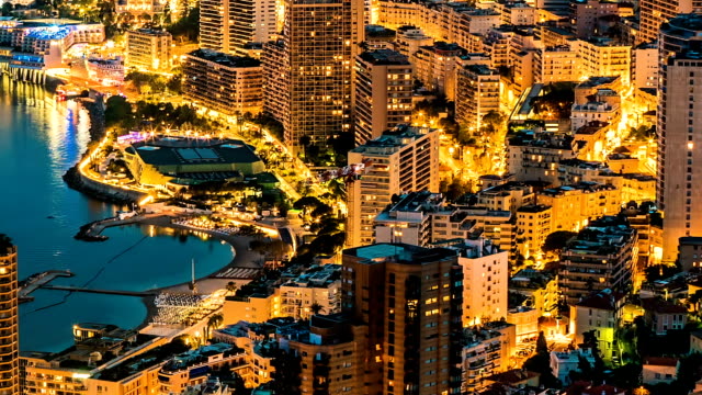 Nice-aerial-view,-beautiful-illuminated-embankment-and-buildings-in-resort-city