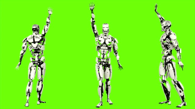 Robot-android-está-agitando-un-saludo.-Movimiento-lazo-realista-en-pantalla-verde-de-fondo.-4K