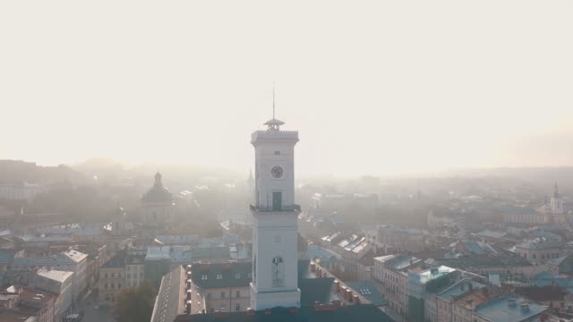 LVOV,-UKRAINE.-Panorama-of-the-ancient-city.-The-roofs-of-old-buildings.-Ukraine-Lviv-City-Council,-Town-Hall.-Sunrise.-Streets-aerial-view