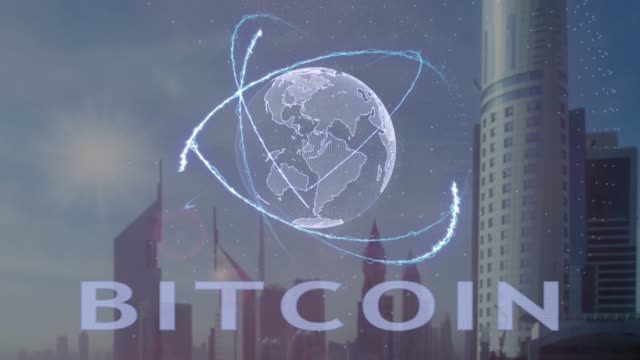 Bitcoin-Text-mit-3d-Hologramm-des-Planeten-Erde-vor-dem-Hintergrund-der-modernen-Metropole