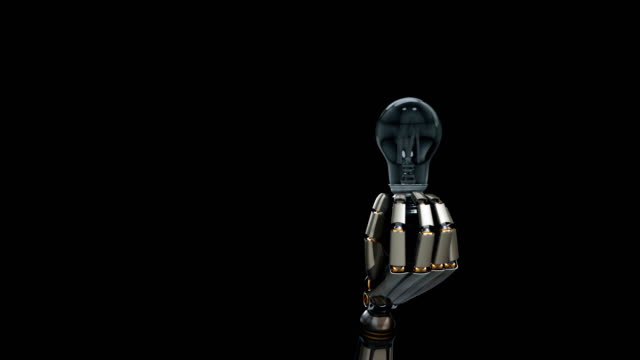 Robotic-hand-gives-light-bulb-to-viewer,-symbol-of-creation-idea-by-artificial-intelligence.-Black-background,-60-fps-animation
