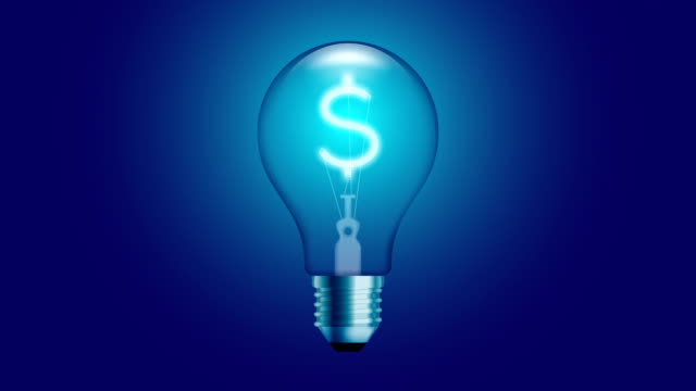 Alphabet-weißglühende-Glühlampe-schlagen-einschalten-eingestellte-Währung-USD-(US-Dollar)-Symbol-Konzept-Glühen-in-blauen-Gradienten-Hintergrund-nahtlose-Schleife-Animation-4K-mit-Textfreiraum
