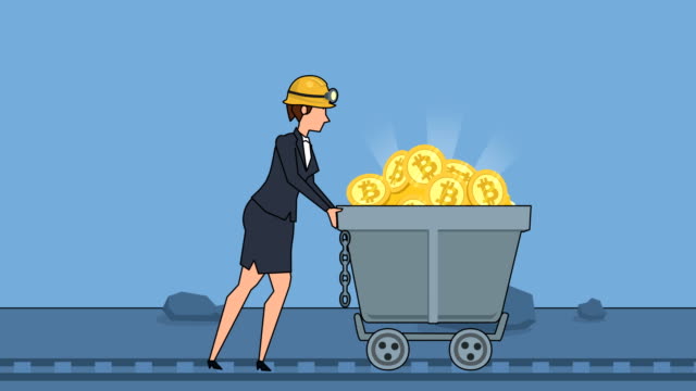 Flat-cartoon-businesswoman-character-pushing-miners-wagon-barrow-with-gold-bitcoin-coins-business-concept-animation