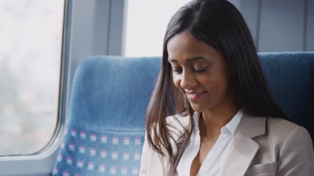 Businesswoman-Sitting-In-Train-Commuting-To-Work-Checking-Messages-On-Mobile-Phone