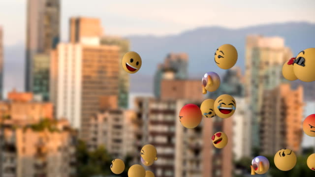 Emoji-Symbole-fliegen-über-Stadtbild-4k