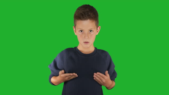 Deaf-boy-signing-I-know-sign-language,-communication-for-hearing-impaired.-Green-screen
