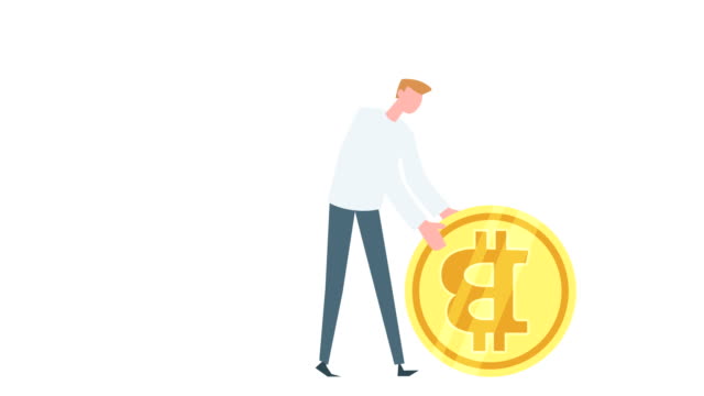 Flat-cartoon-colorful-man-character-animation.-Male-pushes-rolls-bitcoin-coin-situation