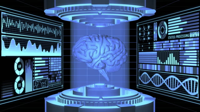 3D-Rendering-anatomisch-realistisches-Gehirn-in-futuristischelaborige-Labor-und-digitale-HUD-Bildschirme-in-3D-Raum-Hintergrund-ausgerichtet