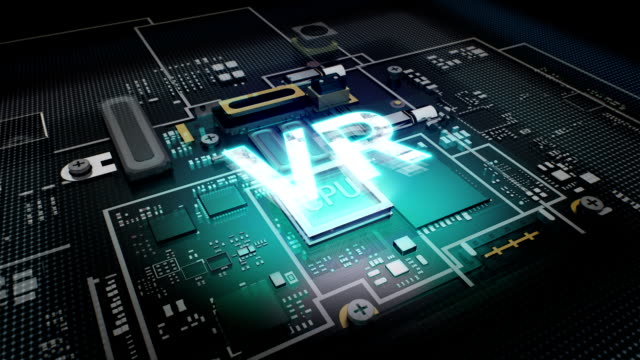 Hologram-typo-'VR'-on-CPU-circuit,-artificial-intelligence-technology.