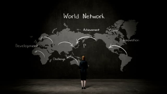Businesswoman-standing-world-map,-Handwriting-'World-network',-using-communication-technology