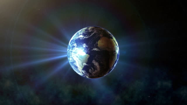 Realistische-Erde-Rotieren-mit-Sonnenstrahlen,-Die-Welt-Spinnen