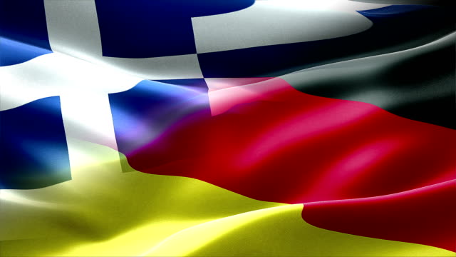 Wehende-Flagge-von-Deutschland-und-Griechenland,-Wirtschaft-in-Europa