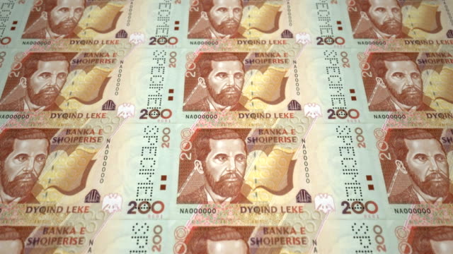 Banknoten-der-zweihundert-albanischer-Lek-von-Albany-Rollen,-Bargeld,-Schleife