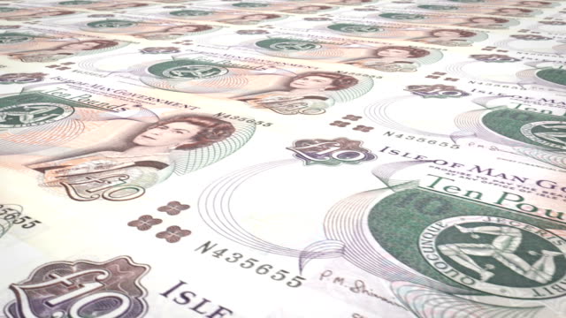 Banknotes-of-ten-manx-pounds-of-Isle-of-Man-rolling,-cash-money,-loop