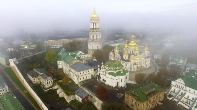 Aerial-view-of-Kiev-Pechersk-Lavra,-Kiev,-Kyiv,-Ukraine.-Kyiv-Pechersk-Lavra-on-a-hill-on-the-banks-of-Dnipro-river.