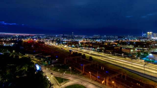 Moscow-timelapse,-night-view-of-the-third-transport-ring-and-the-central-part-of-Moscow's-rings,-traffic,-car-lights