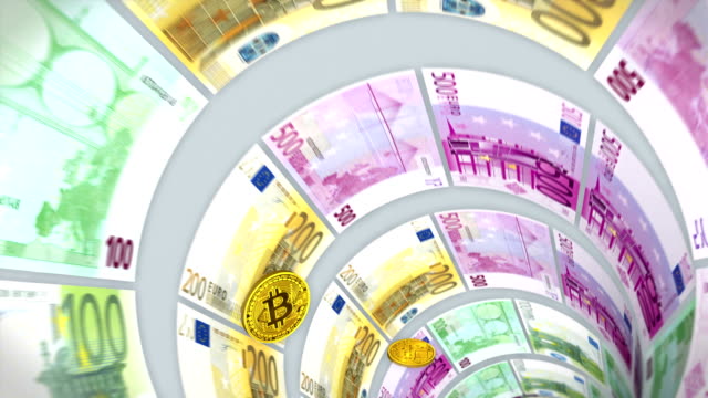 3D-túnel-de-billetes-de-euro-y-bitcoins-posteriores-vuelos