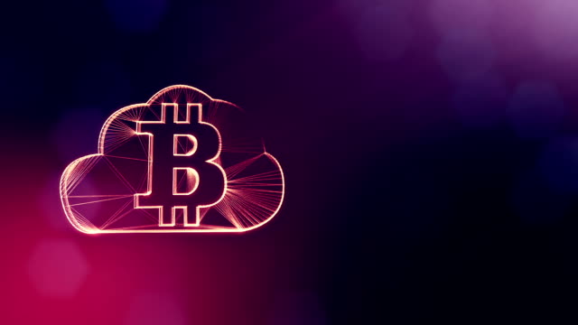 Sign-of-bitcoin-logo-inside-the-cloud.-Financial-background-made-of-glow-particles-as-vitrtual-hologram.-Shiny-3D-loop-animation-with-depth-of-field,-bokeh-and-copy-space.-Violet-color-v2