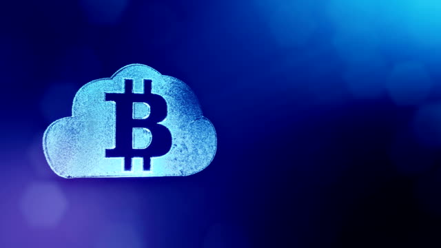 Zeichen-der-Bitcoin-Logo-in-der-Cloud.-Finanzieller-Hintergrund-aus-Glühen-Teilchen-als-Vitrtual-Hologramm.-Glänzende-Schleife-3D-Animation-mit-Tiefe-Feld,-Bokeh-und-Kopie.-Blaue-Farbe-v2