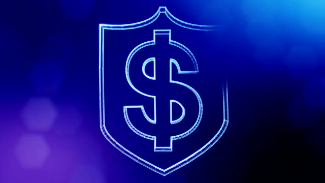 dollar-sign-in-emblem-of-shield.-Finance-background-of-luminous-particles.-3D-seamless-animation-with-depth-of-field,-bokeh-and-copy-space-for-your-text.Blue-color-v2