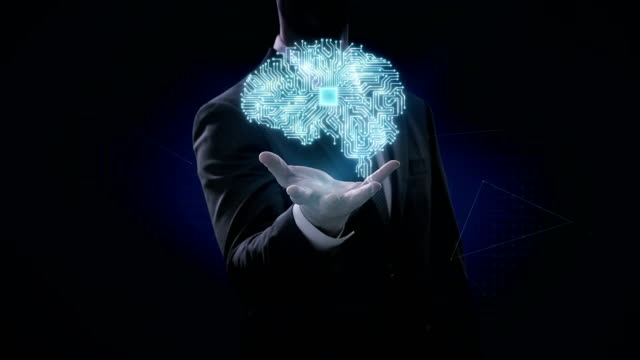 Businessman-opens-palm,-CPU-chip-connect-digital-brain,-grow-artificial-intelligence,-IoT,-4k-movie.