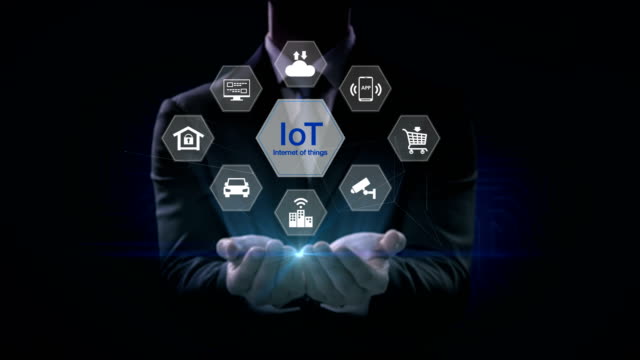 Businessman-open-two-palm,-IoT-hexagon-icon,-Home-security,-cctv,-smart-city,-mobile-app,-car,-internet-of-thing.-4K-size-movie