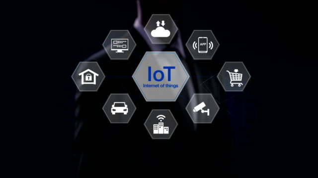 Businessman-touching-IoT-hexagon-icon,-Home-security,-cctv,-smart-city,-mobile-app,-car,-internet-of-thing.-4K-size-movie