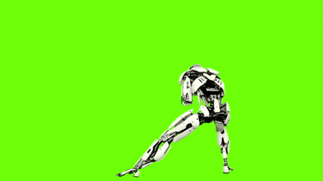 Robot-android-es-lanza-una-bola-de-energía.-Movimiento-lazo-realista-en-pantalla-verde-de-fondo.-4K
