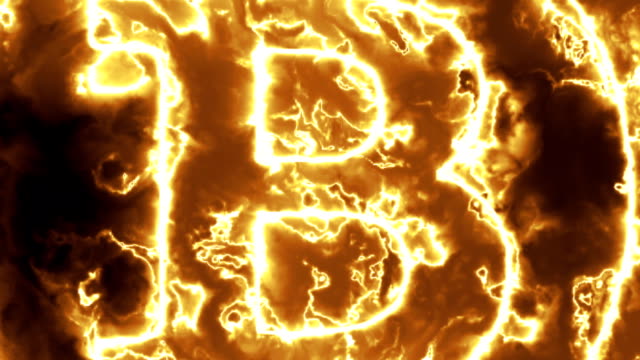Animation-der-Bitcoin-Logo-in-gelb-Energiefeld-oder-Feuer