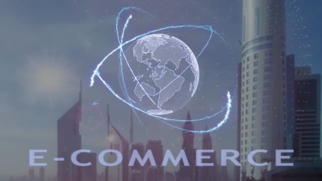 E-Commerce-Text-mit-3d-Hologramm-des-Planeten-Erde-vor-dem-Hintergrund-der-modernen-Metropole