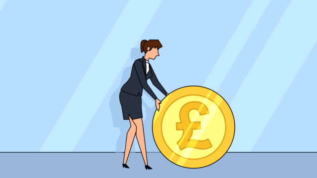 Flat-cartoon-businesswoman-character--roll-pound-sterling-coin-money-concept-animation-with-alpha-matte