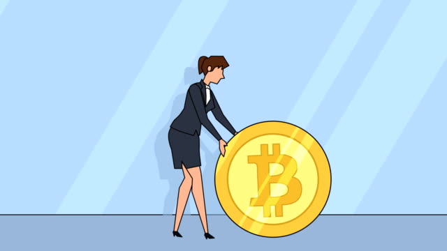 Flat-cartoon-businesswoman-character--roll-bitcoin-coin-money-concept-animation-with-alpha-matte