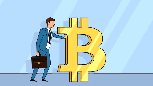 Flat-cartoon-businessman-character--with-case-bag-pushes-a-bitcoin-sign-money-concept-animation-with-alpha-matte