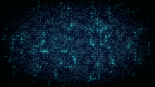 Leuchtend-blau-leuchtende-Computersymbole-erscheinen-auf-dem-Technologie-Datenstrom-Raster