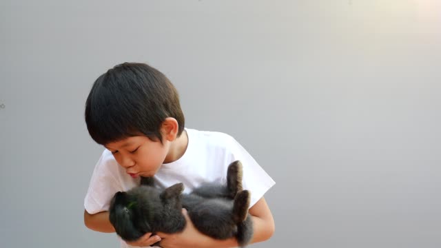 Joven-niño-Asiático-está-jugando-con-el-conejo-negro-encantador
