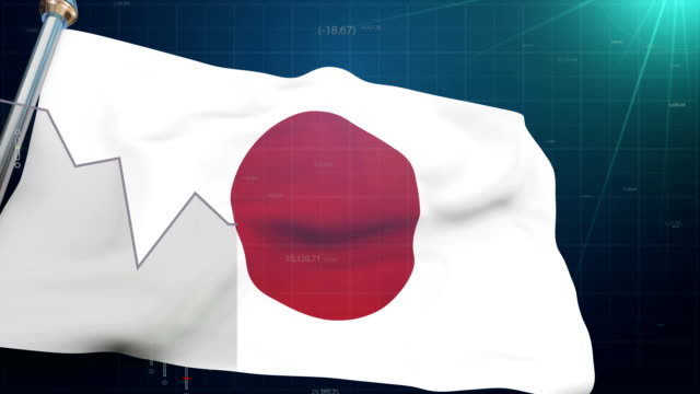 Bandera-de-Japón-sobre-los-antecedentes-bursátiles,-el-comercio-financia-Tokio,-moneda-de-cambio