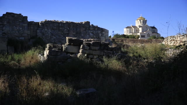 Ruins-of-Chersonesus---ancient-Greek-town-near-modern-Sevastopol.-St.-Vladimir's-Cathedral.-UNESCO-World-Heritage-Site.-Crimea,-Russia.