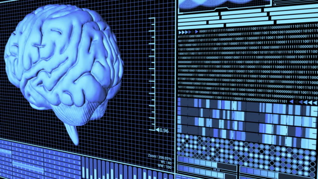 3D-Rendering-anatomische-Gehirn-Rotation-in-futuristischen-Gehirnanalyse-Technologie-HUD-Konzept-einschließlich-vieler-digitaler-Elemente-in-blauer-Farbe.-Fui.-(Kameraschwenken)