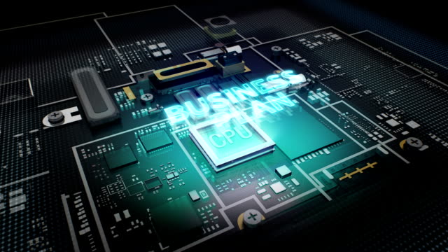 Hologram-typo-'Business-Plan'-on-CPU-chip-circuit,-artificial-intelligence.