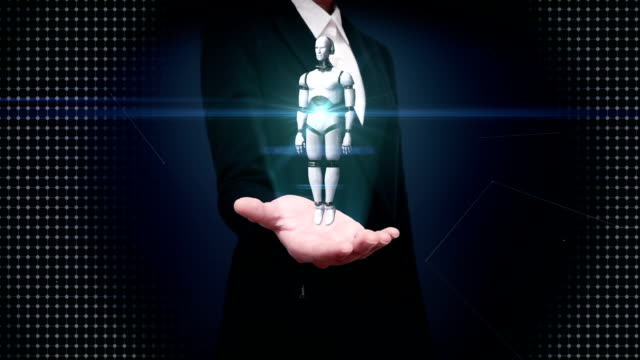 Geschäftsfrau-offene-Hand,-rotierende-Transparenz-3D-Roboter-Körper.