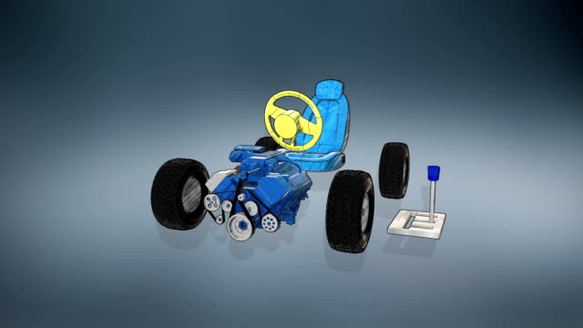Automobile-Technology.-Engine,-seat.-tire,-gear-box,-illustration-style.
