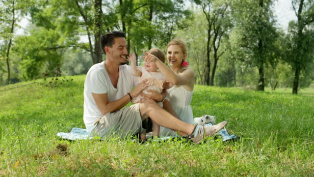 CLOSE-UP:-Adorable-parents-with-beautiful-baby-girl-sitting-on-blanket-in-park